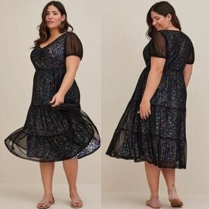 TORRID Multicolor Babydoll A-Line Midi Dress Whimsical Mesh Overlay Cottagecore